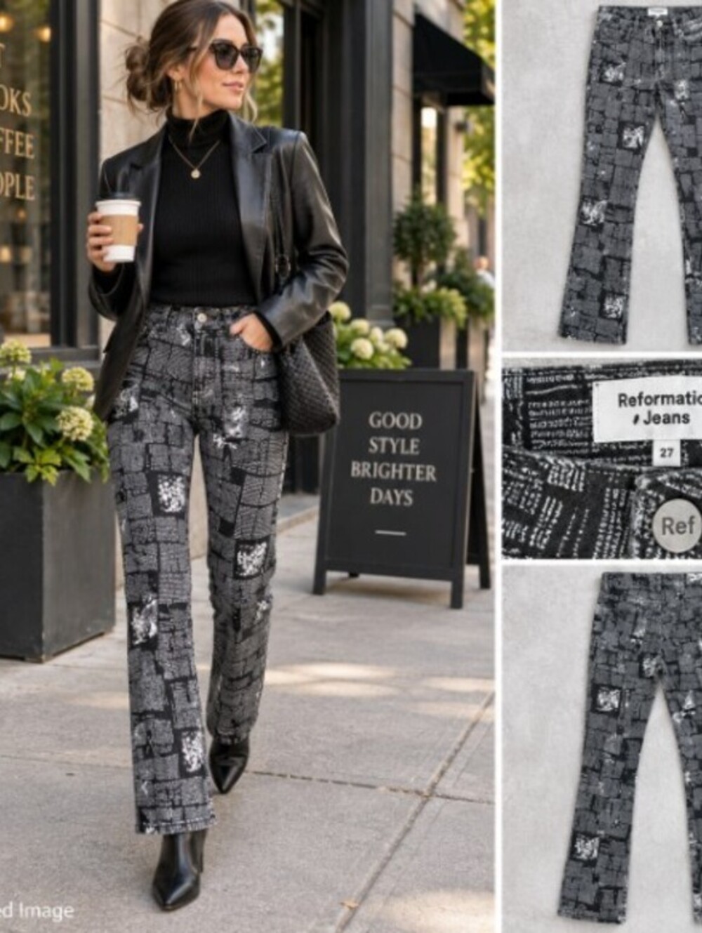 Reformation Peyton Zine Jeans 27 Black Newsprint High Rise Bootcut Graphic Rare